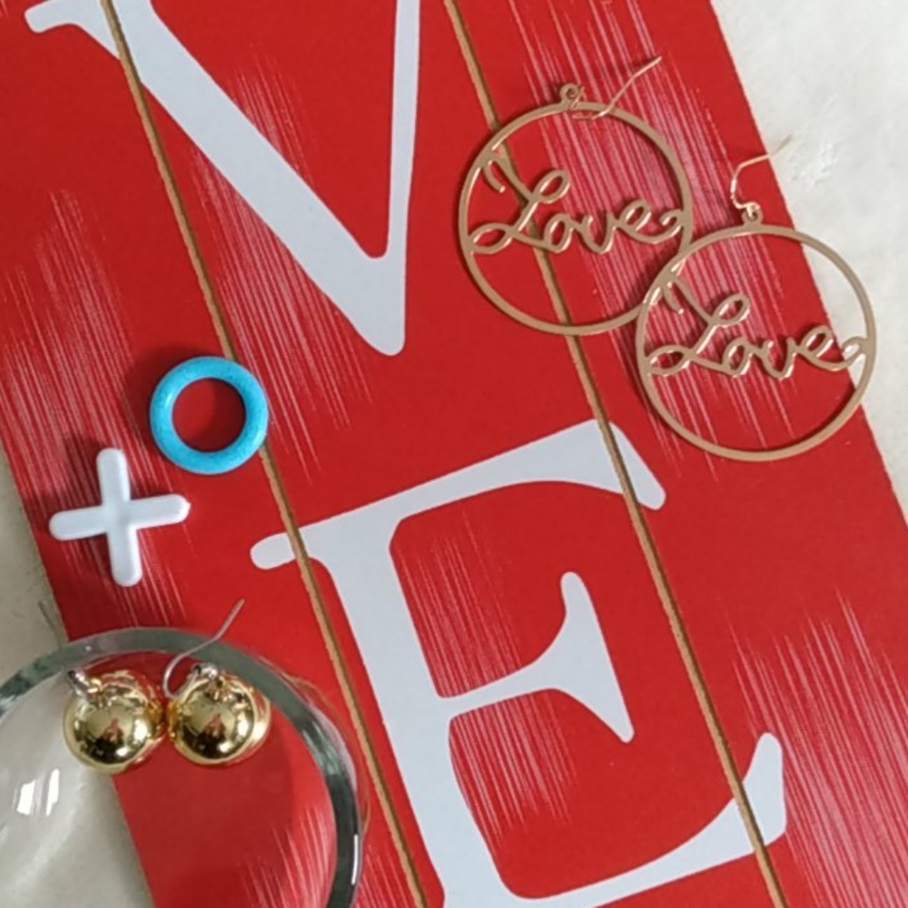 Novelty Gold Tone Love Hoops and Drop Dangle Orb Earrings